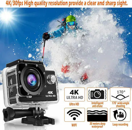 4K Sports Action Camera with Optical 16MP High Resolution with Wi-Fi | 4K Ultra HD Video Recording with 170 Degree Wide Angle Waterproof Underwater Camera